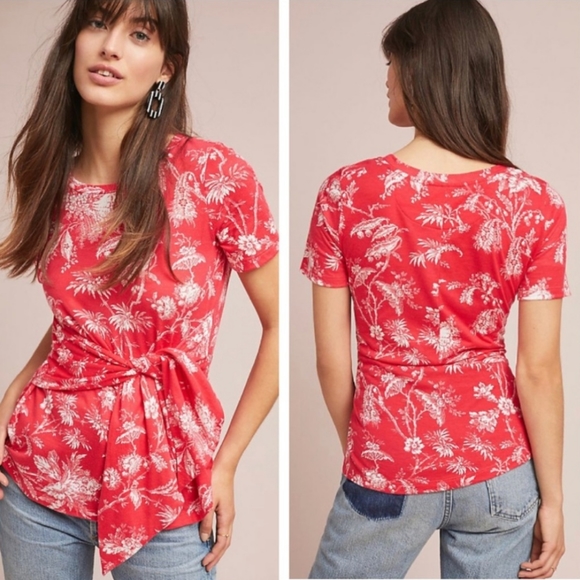 Maeve Anthropologie Sherbrooke Floral Waist Tie Tee Shirt Blouse - Picture 2 of 6